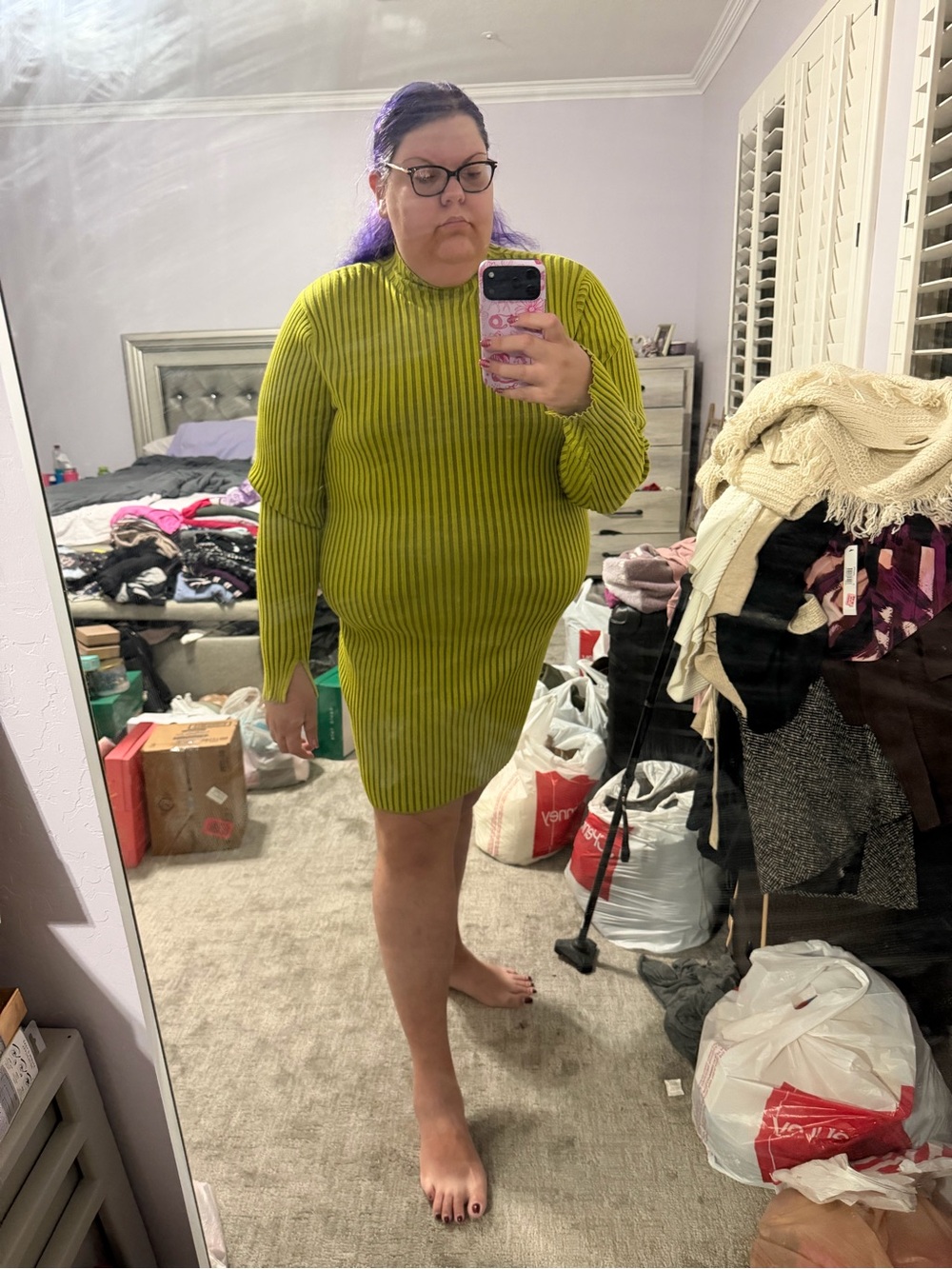 Ashley Graham Chartreuse Ribbed Long-Sleeve Mini Dress - Picture 4 of 7